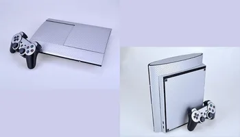 Silver Carbon Fiber Vinyl Kůže Štítku Protector pro Sony PS3 Super Slim 4000 a 2 regulátor kůže Samolepky
