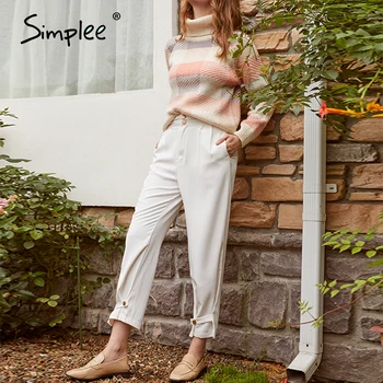 Simplee Ženy pevné bílé ležérní kalhoty 2020 podzimní vinobraní pracovní kalhoty capris ženy ležérní office dámy Britský styl kalhoty