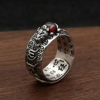 Skutečné s925 čistého stříbra Tibetský mantra Heart Sutra prsten pro muže a ženy, mír, bohatství, štěstí hladké granát stateční vojáci ropucha