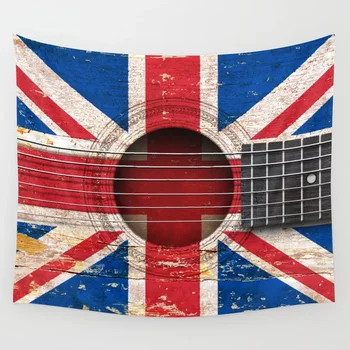 Staré Vintage Akustická Kytara s Union Jack Britská Vlajka Gobelín Zdi Visí Tapiserie Koleji Wall Art Home Dekor