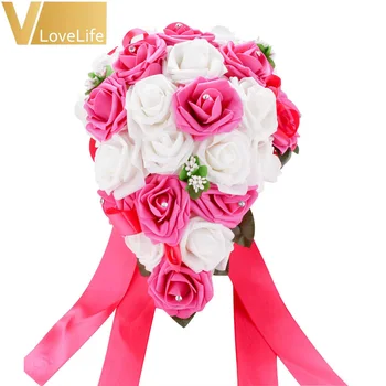 Svatební Svatební Drží Kytici Evropské Umělé Růže Květiny Krystal, Slza Družička Dekor Falešné Květina Růžová Přizpůsobit