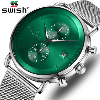 SWISH Nové Módní Zelené Pánské Hodinky Top Značky Luxusní Vodotěsné Sportovní Chronograf Quartz Watch Men Silver Relogio Masculino