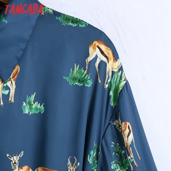 Tangada 2021 Jarní Móda Ženy Zvířecí Tisk Košile Šaty s Páskem Dlouhý Rukáv Elegantní Dámy Midi Šaty 6Z63