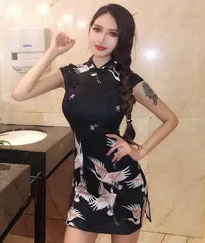 Tradiční čínské Šaty pro Ženy Jeřáb Tištěné Retro Sexy Cheongsam Elegantní Slim Sukně Qipao Banket Hanfu noční Klub Šaty