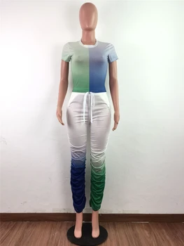 Tsuretobe Streetwear Dvoudílný Set Pro Ženy Skládaný Kalhoty Patchwork Crop Top Oblečení Pro Ženy 2020 Gradient Oblečení Pro Ženy