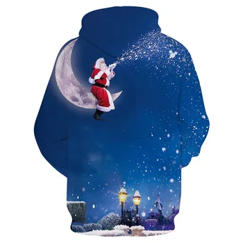 Unisex Vánoční Santa Claus Měsíc 3D Digitální Tisk Loose s Kapucí Svetr Svetr Ženy Muži Nový Rok Baseball Mikina s Kapucí