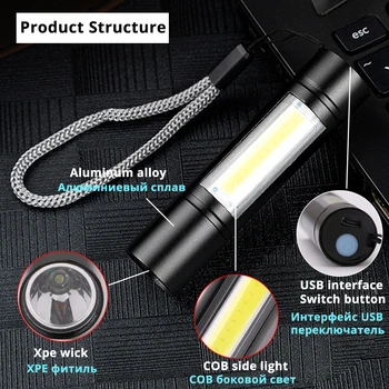 USB Nabíjecí Svítilna 3 Režim Osvětlení COB+XPE LED Mini Svítilna Vodotěsné Přenosné Používané pro kempování, jízda na kole, práce, atd