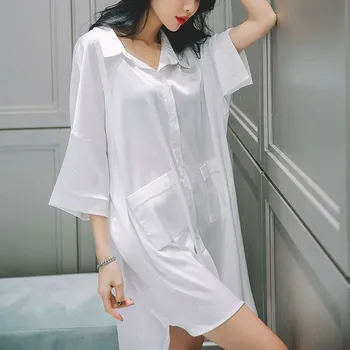 V-Neck Bílé Sleepshirt Ženy Noční Košile Sexy Mini Neformální Satén Volné Oblečení Na Spaní Noční Košili S Knoflíky Kimono Župan Šaty