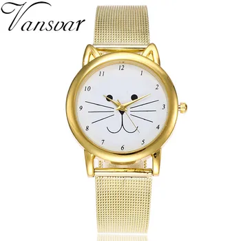 Vansvar Značky Módní Gold Mesh Kapela Cat Hodinky Luxusní Ležérní Quartz Watch Relogio Feminino Dárek Clock Drop Shipping