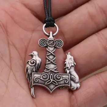 Vikingské Šperky Mjolnir Přívěsek Thor Hammer Amulet Wolf A Raven Talisman Náhrdelník