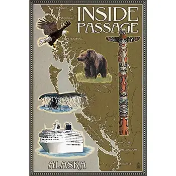Vintage Plechové Plakát Alaska Inside Passage Mapě Rez, Kovové Plechové Znamení, 8x12 Palců Retro Umění Domácí Kuchyně, Bar, Restaurace, Garáž, Zahrada