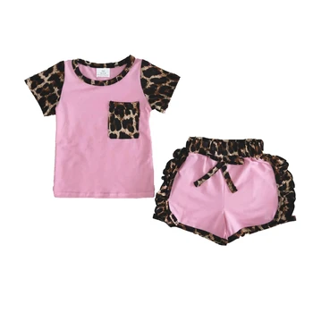 Vysoce kvalitní dívka růžové barvy t-shirt set girl prohrábnout design leopardí vzor letní oblečení kids raglan tričko a šortky oblečení