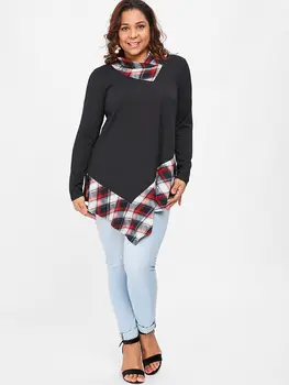 Wipalo Plus Velikosti 5XL Tartan Tisk Asymetrický T-Shirt Ženy Podzim Vysoký Límec Dlouhý Rukáv Kostkované Čalounění Tee Ladies Top Oblečení