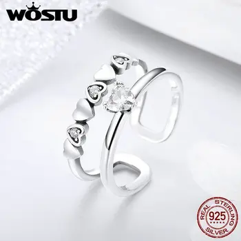 WOSTU Originální 925 Sterling Silver Svatební Srdce Jasné CZ Otevřené Kroužky Pro Ženy, Holčičí Šperky Svatební Party Stříbrný Prsten DXR429