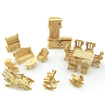 WOTT Dřevěné 3D Puzzle DIY Měřítku Miniaturní Modely Panenka Dům Dollhouse Nábytek Sada Příslušenství