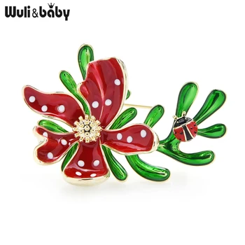 Wuli&baby Multicolor Smalt Beruška Na Listu Květina Brož Kolíky 2021 Nový Návrhář Brož Kolíky Nový Rok Dárek
