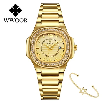 WWOOR 2020 Nový Luxusní Gold Crystal Žen Náramek Hodinky Top Značky Móda Diamant Quartz Náramkové Hodinky Dámské Hodinky Reloj Mujer