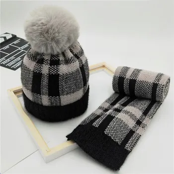 Zimní kostkované pletené čepice děti šátek sada fleece tlusté čepice šátek pro dívky, chlapci, 2-8 let