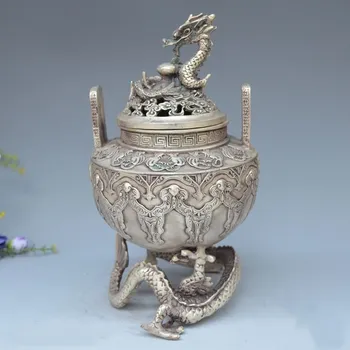 Čína Tibetské stříbro, ručně vyřezávaný drak socha kadidlo hořák