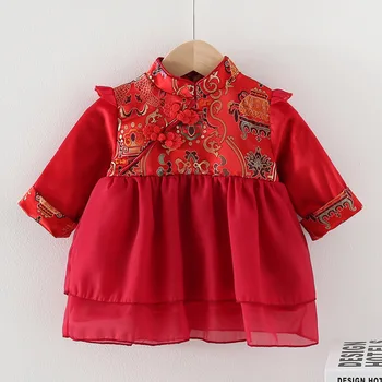 Čínský Styl Nový Rok Princezna Šaty Pro Dívky Červená Barva Dlouhý Rukáv Plus Sametové Kojenecké Dětské Zimní Oblečení Pro Narozeniny