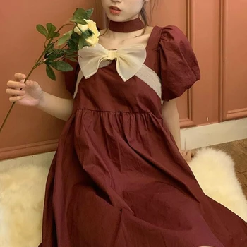 Šaty Ženy Luk Design Puff Rukáv Vínové Retro Japonské Kawaii Plus Velikost 2XL Módní Party Midi Šaty Letní Ženské Elegantní