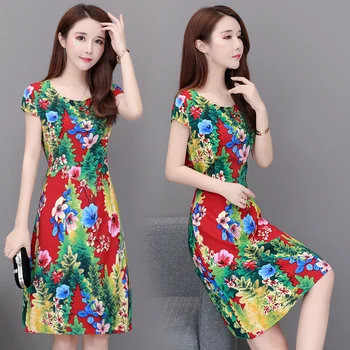 ženy Letní nové plus velikosti S-6XL ženy bavlněné hedvábné šaty Květinové šaty letní dámské tričko s krátkým rukávem šaty