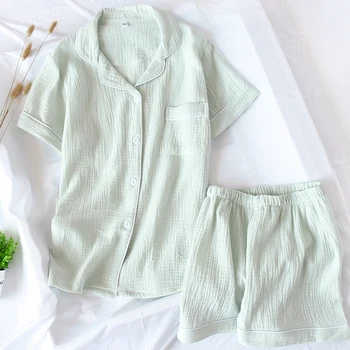 Ženy Pyžamo Sady Letní Bavlna Krep-Krátký rukáv Šortky Pyžama Thin Solid Plus Velikosti oblečení na Spaní Plavky Hoem Oblečení