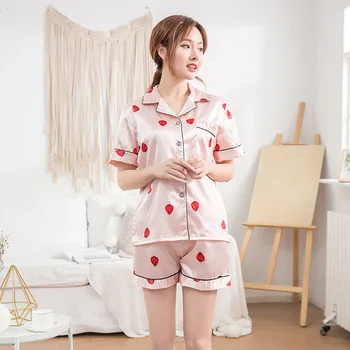 Ženy Sexy Hedvábné Letní Spodní Prádlo, Tisk Pevné Pijiama Saténový Krátký Rukáv Pyžama Šaty Korejský Dvoudílná Pyžama Soupravy Růžové Oblečení Na Spaní
