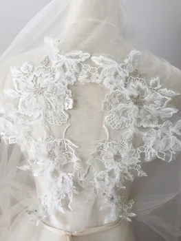 2 ks/lot 3D tyl svatební krajky nášivka páru s jasnými flitry stříbrné vlákno , svatební šaty živůtek vlasy květ 15 x 30 cm