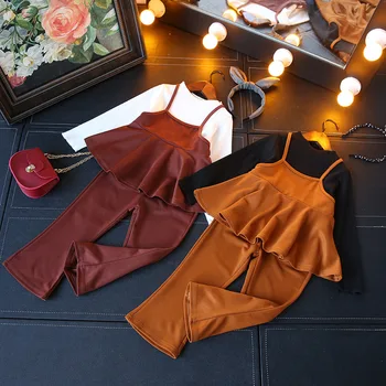 2018 podzimní dívka dlouhý rukáv falešné dva kusy top+kalhoty děti módní oblek 2ks za sadu