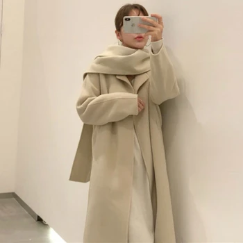 2020 dámská Zimní Mléčná Béžová Elegantní Vintage Dlouhý Kašmírový Kabát Vlněný Svetr Kabát Volné Bunda s Kapucí