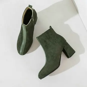 2020 green round toe robustní podpatky fleece uvnitř dámské boty na zip, módní ženy kotníkové boty zimní boty velké velikosti 44 45
