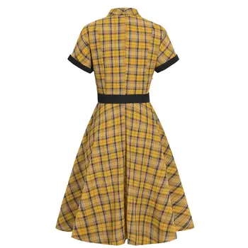 2020 Jarní Žlutá Britské Kostkované Vintage Šaty Zase Dolů Krku Pás Krátký Rukáv Swing Party Plášť Rockabilly 50. let, Retro Vestidos