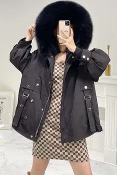 2020 Módní Zimní Bunda Ženy Skutečný Kožich Přirozené Real Fox Kožešiny Límec Volné Dlouhé Kabáty Svrchní oděvy Odnímatelné Králík linner