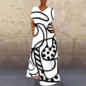 2020 Nové Příjezdu Elegantní Vintage Portrét Tisk Šaty Abstraktní Tvář Ženy Šaty Podzim Módní Volné Ženy Elegantní Dlouhé Šaty
