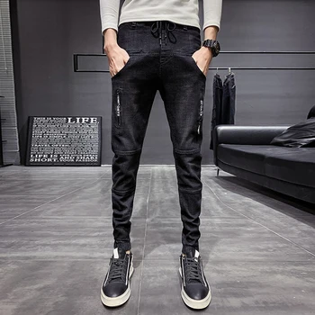 2020 Nový Korejský Muži Jeans Móda Streetwear Černé Džínové Kalhoty Men Slim Fit Hip Hop Ležérní Džíny Běžce Pánské Kalhoty 28-36