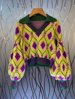 2020 podzimní a zimní nové ženy klopě barev šití tkaniny V-neck puff sleeve svetr 1007