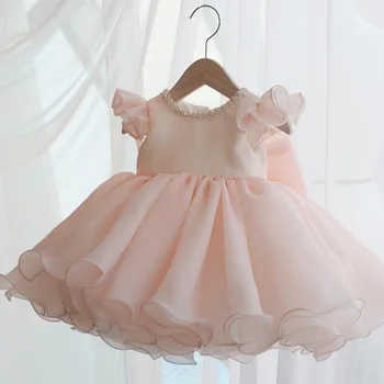 2020 Růžové Dítě Mu Šaty Lištování První Narozeniny Šaty Pro Holčičku Obřad Plesové Šaty Luk Princezna Šaty Party Šaty Vestidos