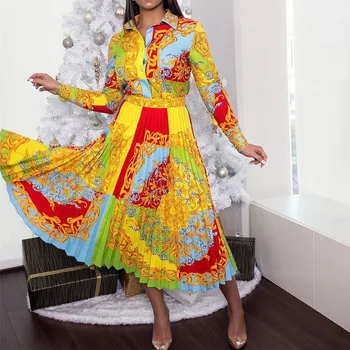 2021 Africké Elegantní Plus Velikosti Ženy Skládaný Šaty Župan Vysokým Pasem květinové tisk OL pracovní oblečení Tunika Midi Femme Vestiods