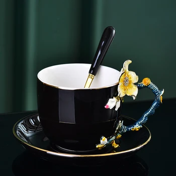 3D Barevný Smalt Hrnek na Kávu Pohár Sada Porcelánu Meruňkový květ Čaj Mléko Copo Čína Kostní Kreativní Sklenice Přítel Svatbu