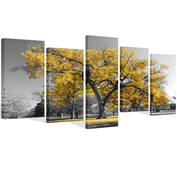 5 Kusů Malířské Plátno Tisků Žlutá Strom Černá a Bílá podzimní Krajiny Home Office, Zeď, Dekor