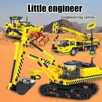 624pcs Městské Inženýrství Truck Auto Stavební Bloky Technics Konstrukce Vozidla, Jeřáb, Buldozer, Cihly Hračky pro Děti