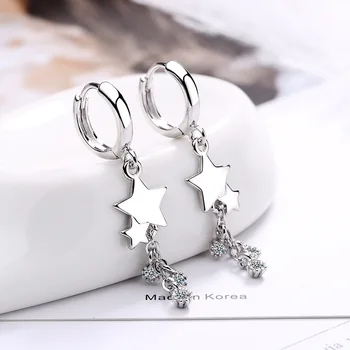 925 Sterling Silver Crystal Kulatý Korálek Střapec Hvězda Kouzlo korejské Drop Náušnice Pro Ženy, Svatební Šperky eh604