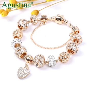 Agustina 2020 Korálky Náramek Pro Ženy Kouzlo Srdce Náramek Módní Šperky Crystal Náramek Gold Snap Tlačítko Drahokamu Luxusní
