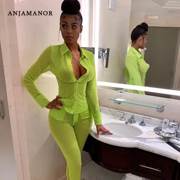 ANJAMANOR Neon Green Mesh Sexy dvoudílný Set Top a Kalhoty Sady Podzim 2019 Ženy Oblečení Sady Club Oblečení D30-AF31