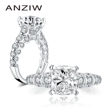 ANZIW Luxusní 925 Sterling Silver 9x9mm Polštář Vyjmout Zásnubní Prsten Simulované Diamond Svatební 4.0 ct Svatební Prsten Šperky