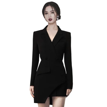 Banulin 2020 Nové Módní Jarní Černá Single-breasted Ženy Oblékat Korea Vroubkované Asymetrie Šaty OL Formální Obchodní Vestidos