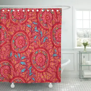 Barevné v Boho Červené a Modré Barvy Mandaly Květinové Sprchový Závěs Vodotěsné Textilie, 60 x 72 Cm Set s Háčky