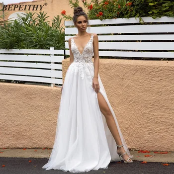 BEPEITHY V Neck Pláž Svatební Šaty Pro Ženy 2020 Sexy s hlubokým Výstřihem svatební Svatební šaty Šaty Bílé Krajkové Tkaniny Hot Prodej