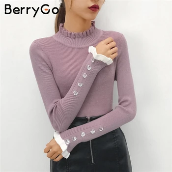 BerryGo Černé rozcuchané ženy pletený svetr Dlouhý rukáv pruhované tlačítko ženské svetr jumper Želva krku úřadu dámské svetry